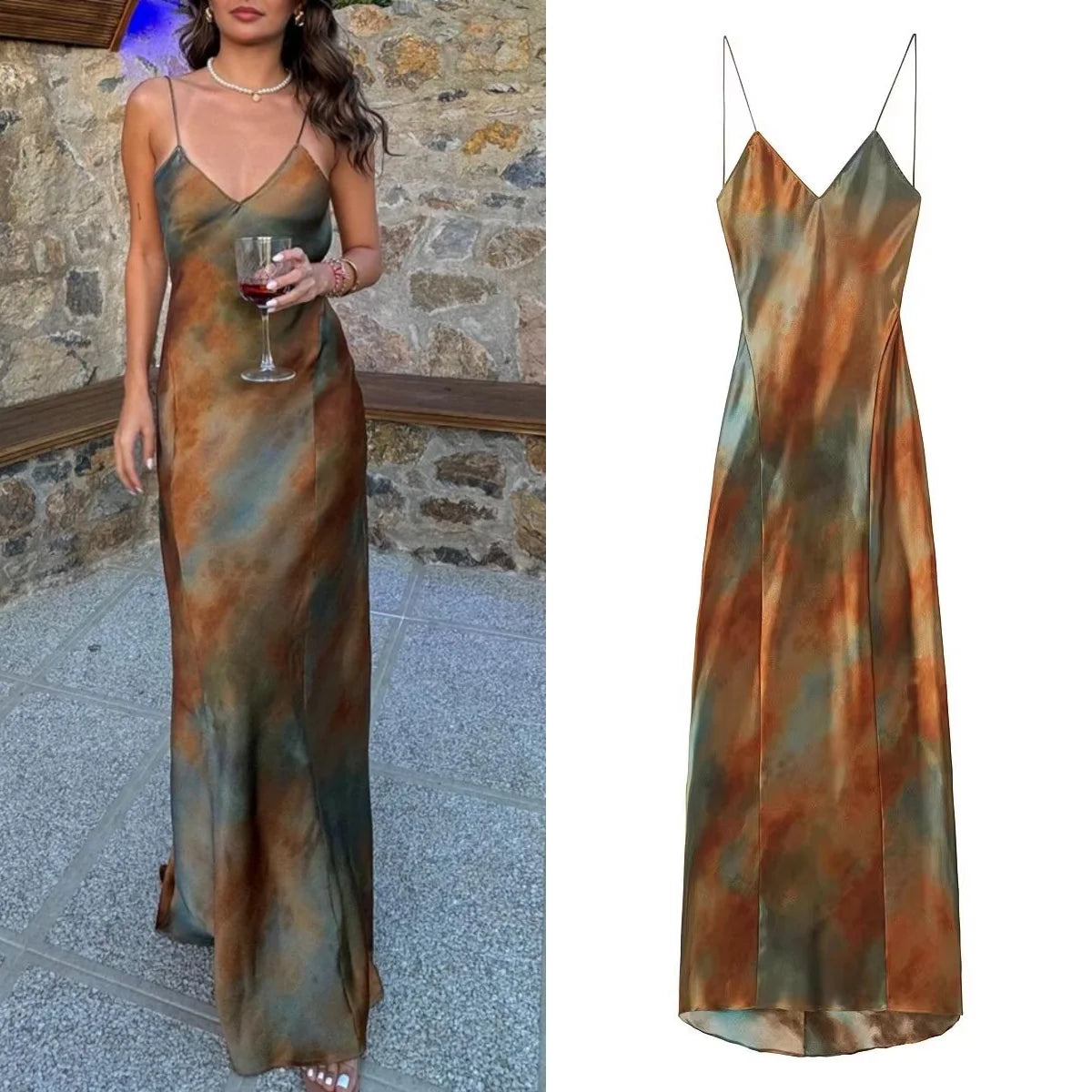 women's retro elegant satin V-neck backless sexy camisole dress female fashion slim sleeveless long skirt 2024 summer new