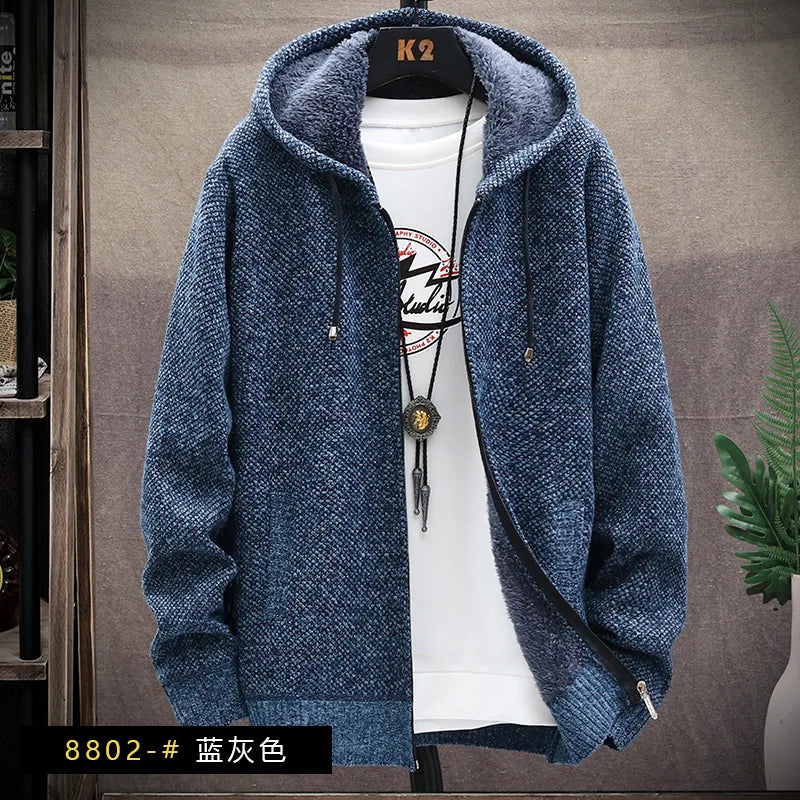 Men's Knitted Sweater Cardigan Thickened Fleece Hooded Casual Style Warm Outerwear Autumn Winter New Arrival Korean Version