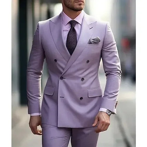Men's Suits Solid 2 Pieces Plus Size Wedding Daily Business Formal Men Suits Tailored Silm Fit Double Breasted 6 Buttons