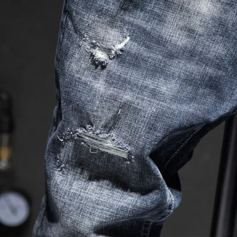 Elastic Fashion Jeans Men Ripped Vintage Slim Denim Pants Hip Hop Distressed Frayed Fashion Men's Clothing Pants