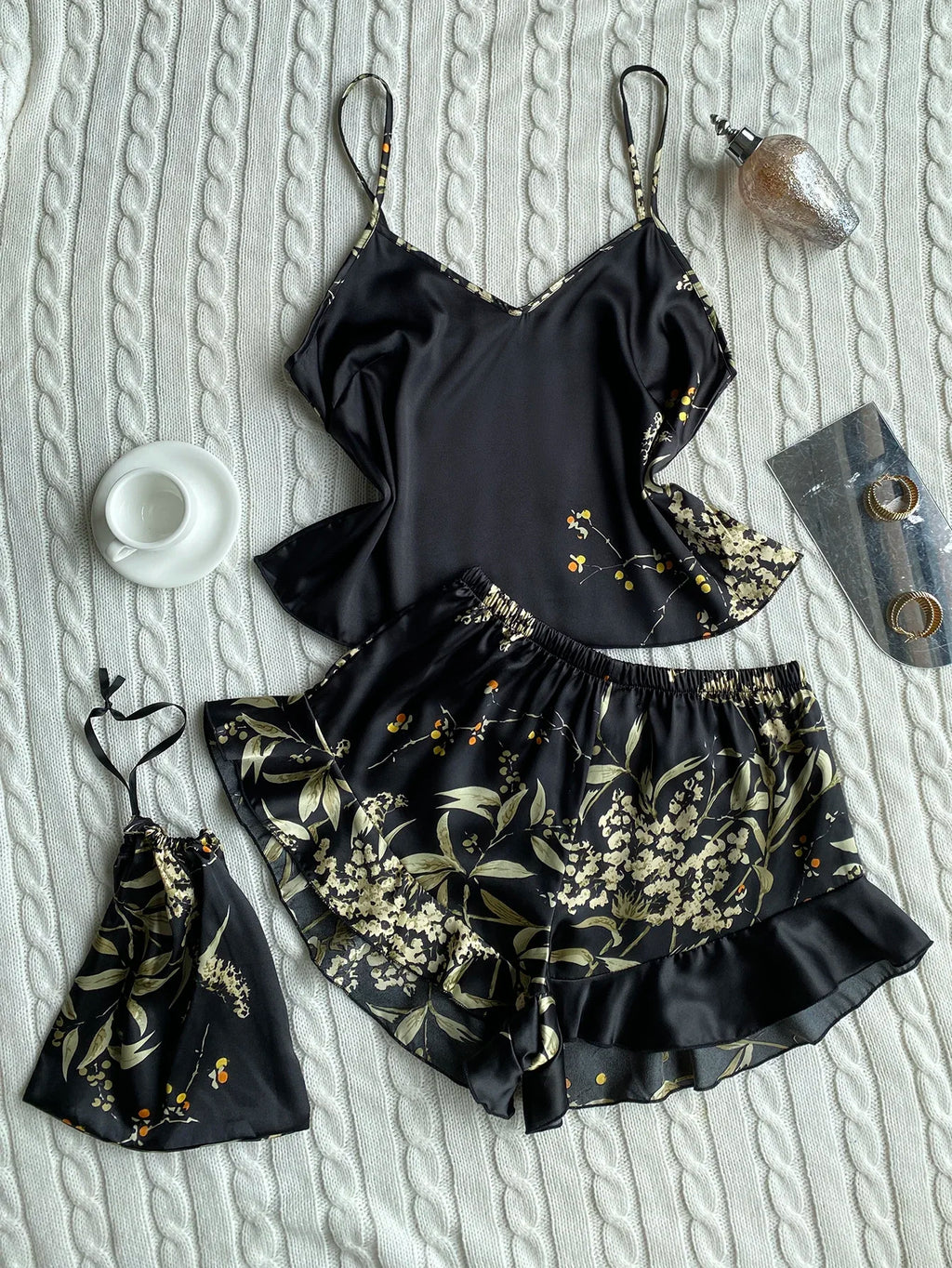 Summer Elegant  Print Cami Tops Ruffle Hem Shorts Pajama Set  Women's Sleepwear V Neck Strap Loungewear