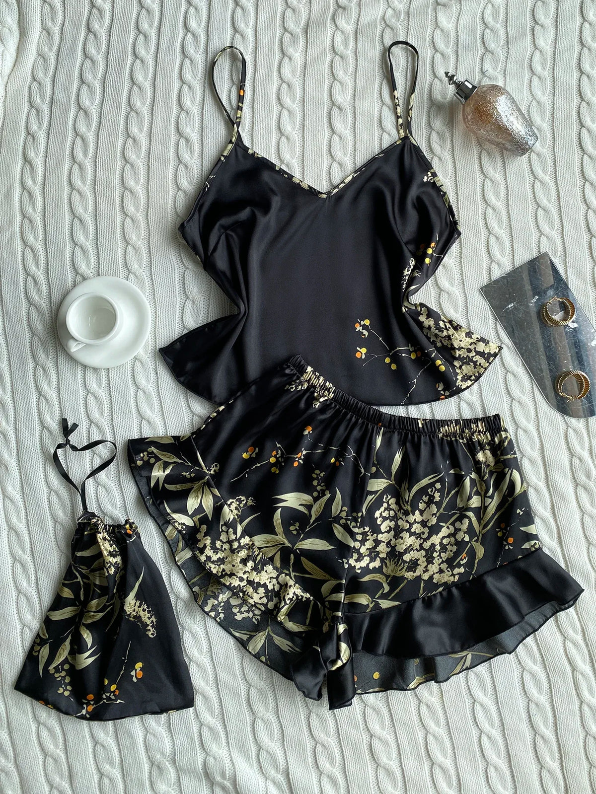 Summer Elegant  Print Cami Tops Ruffle Hem Shorts Pajama Set  Women's Sleepwear V Neck Strap Loungewear