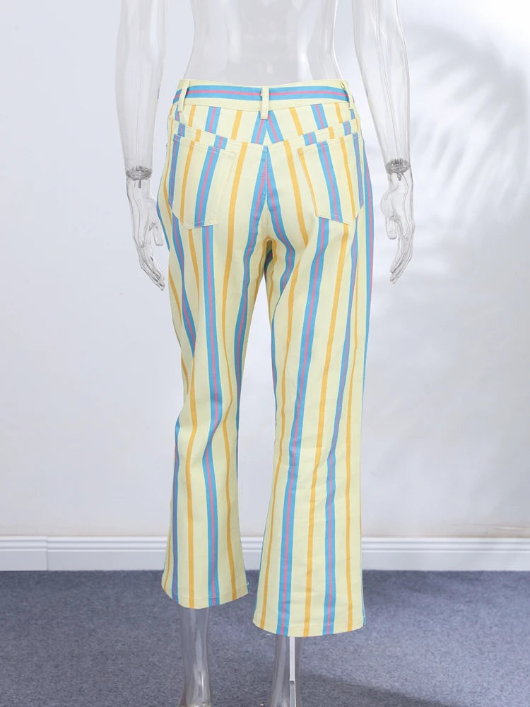 Colorful Striped Wide Leg Trousers Women Bohemian High Waist Multi-color Panelled Slim Straight Pants Fashion Lady Beachwear New