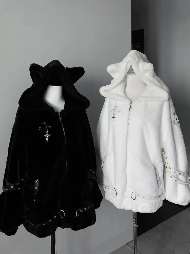 Subculture Harajuku Vintage Safari Coats with Hooded Women Zipper Sweatshirts Casual Streetwear Grunge Jacket Y2k Stand Neck
