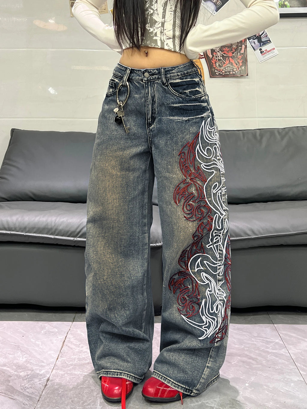 Women Spring Autumn Mid Waist Wide Leg Y2K Streetwear Jeans Side Totem Embroidery Washed Denim Daily Street Pants