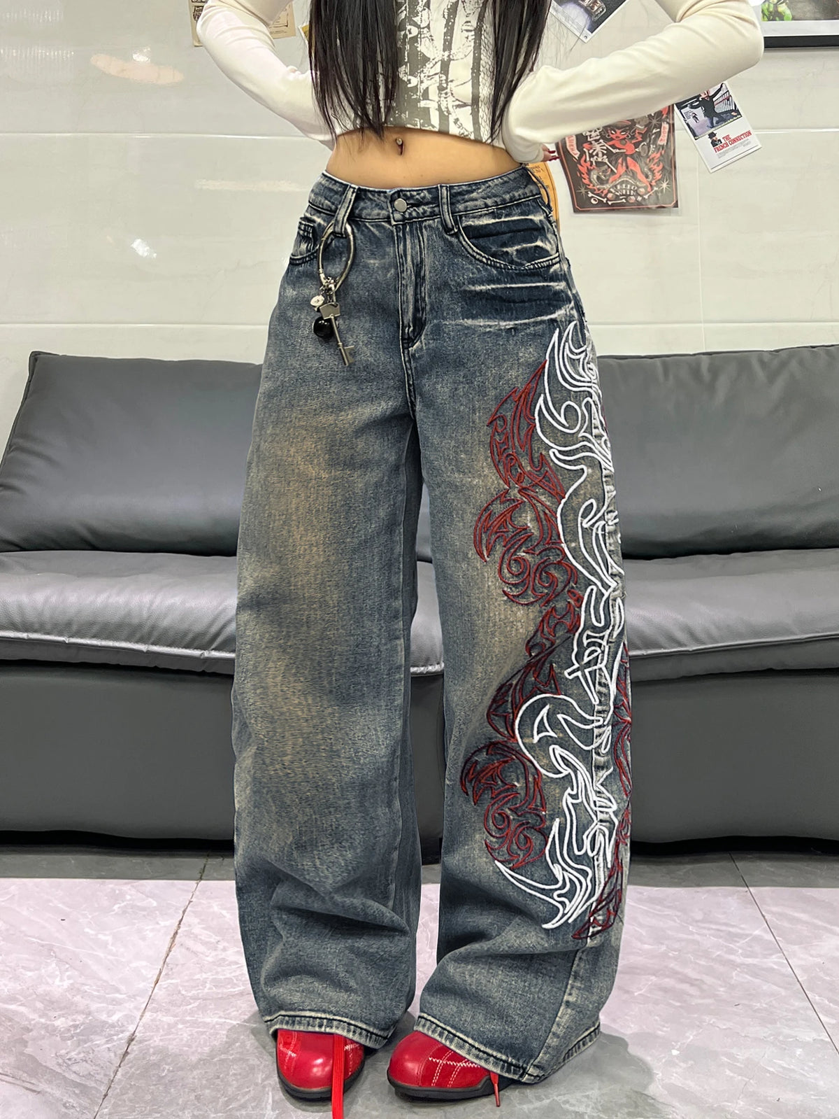 Women Spring Autumn Mid Waist Wide Leg Y2K Streetwear Jeans Side Totem Embroidery Washed Denim Daily Street Pants