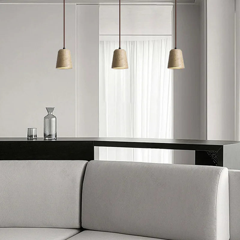 IWHD Yellow Travertine Stone LED Pendant Lamp Living Dining Room Table Inside Retro Wood Hanging Lights Fixture Lampara Colgante