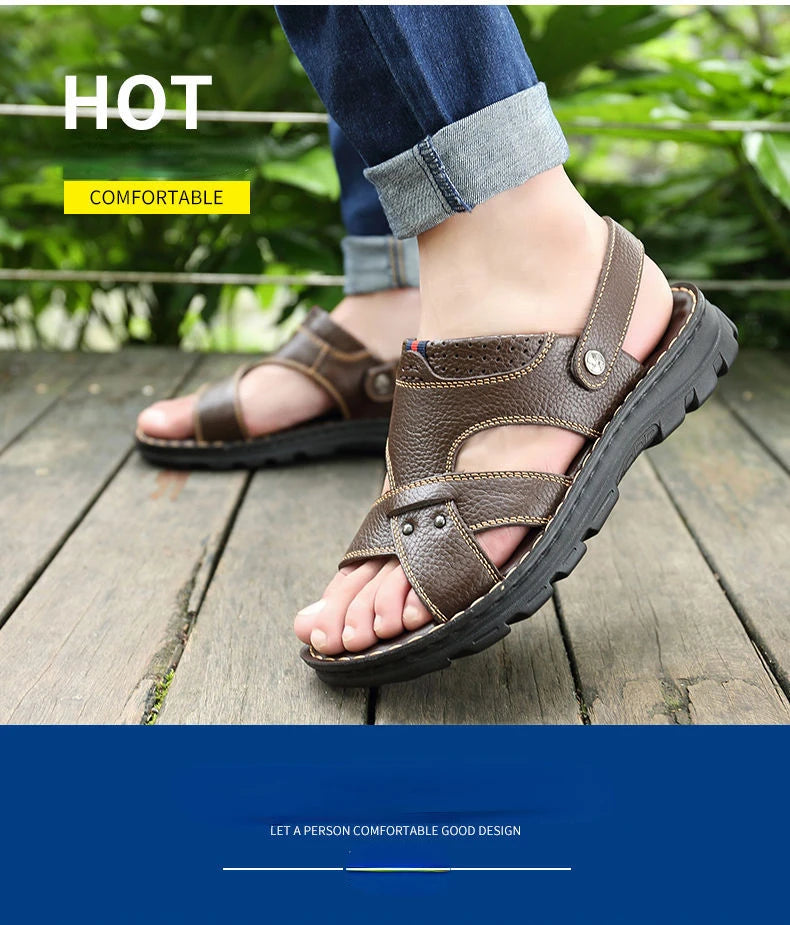 Summer Men Leather Sandals Genuine Leather Non-slip Men Shoes Slippers Outdoor Thick-soled Beach Shoes Comfor Soft Men sandalias