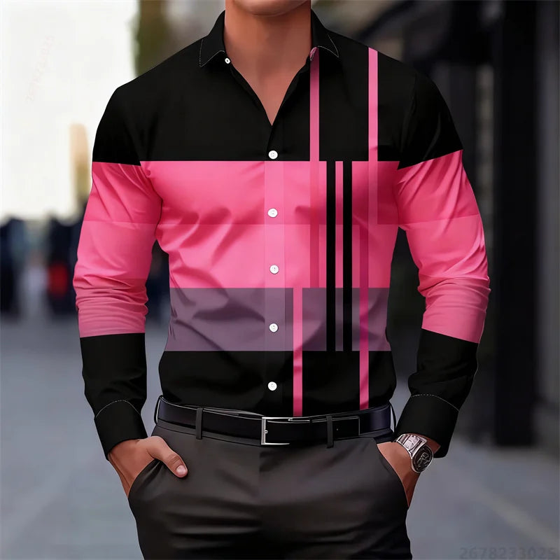 Men's color-blocked striped patchwork long-sleeved shirt, unique geometric pattern slim fit shirt, stylish men's top, XS-6XL.