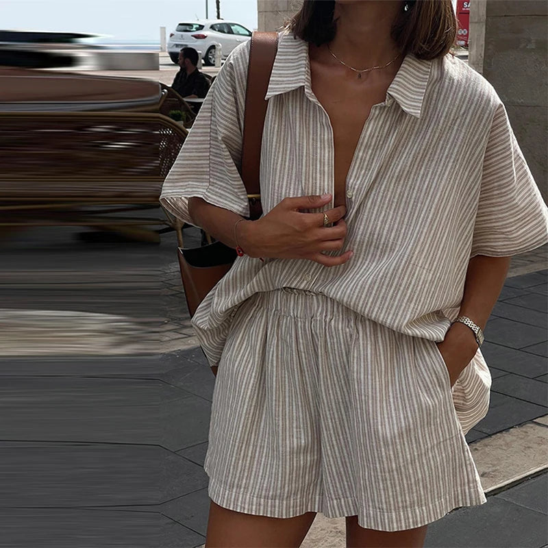 Casual Drawstring Shirt Pants Set Women Lapel Button Short Sleeve Pocket Loose Top Wide Leg Pants 2025 Chic Summer Women's Suit