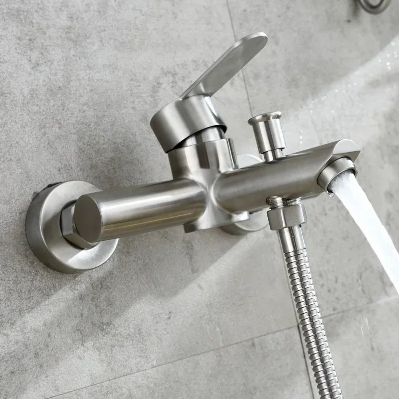 Wall Mounted Cold Hot Water Mixer 304 Stainless Steel Triple Valve Nozzle Tap Bathtub Faucet Bathroom Shower Faucet