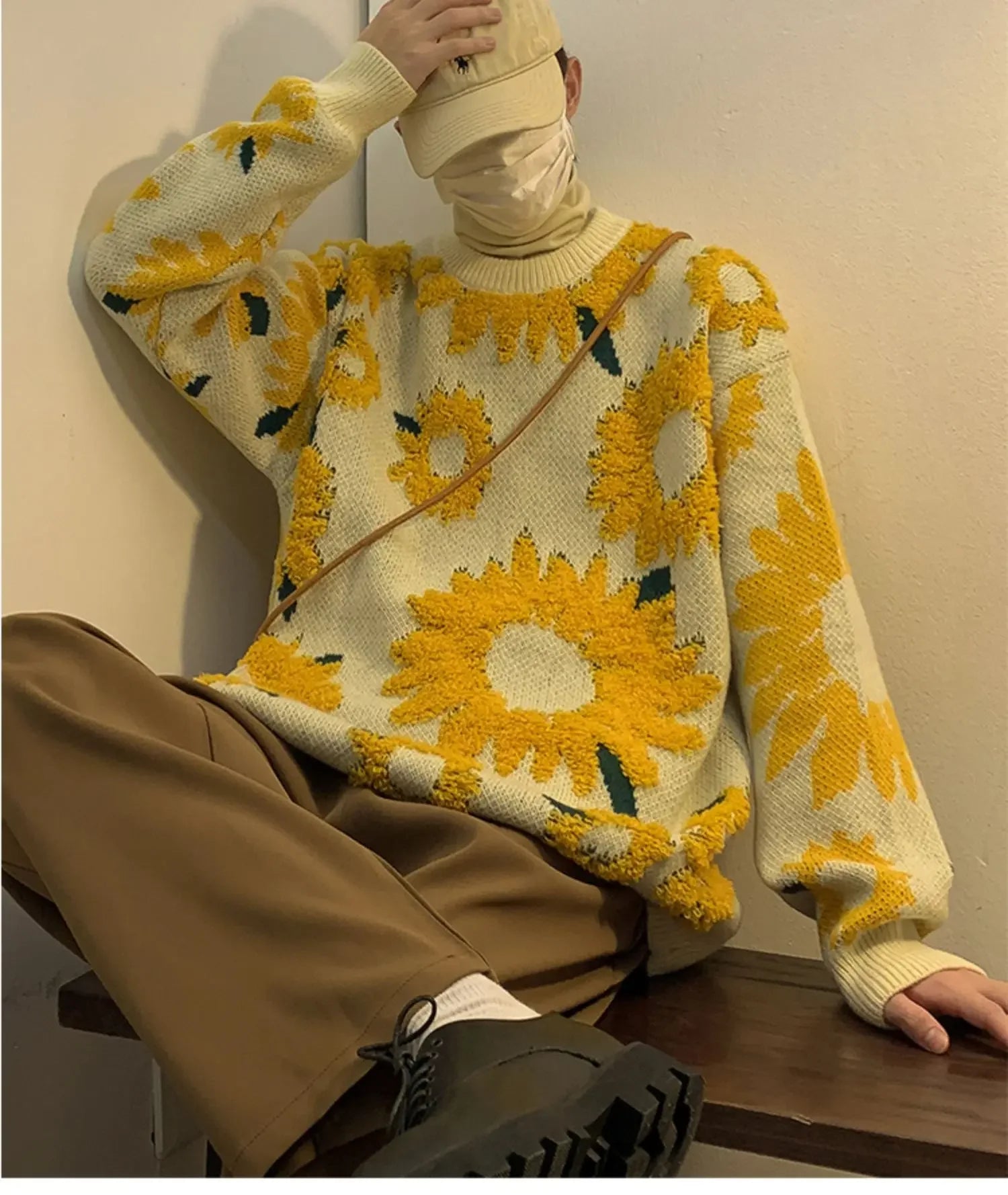 Flocking Floral Sweaters Men Baggy Spring Autumn Japanese Style Retro   High Street Harajuku Knitwear Slouchy Ins