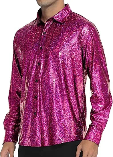 Metallic Shiny Polyester Dress Shirts for Men Black Solid Gold Red Silver Long Sleeve Turn Down Collar Prom Disco Men's Shirt