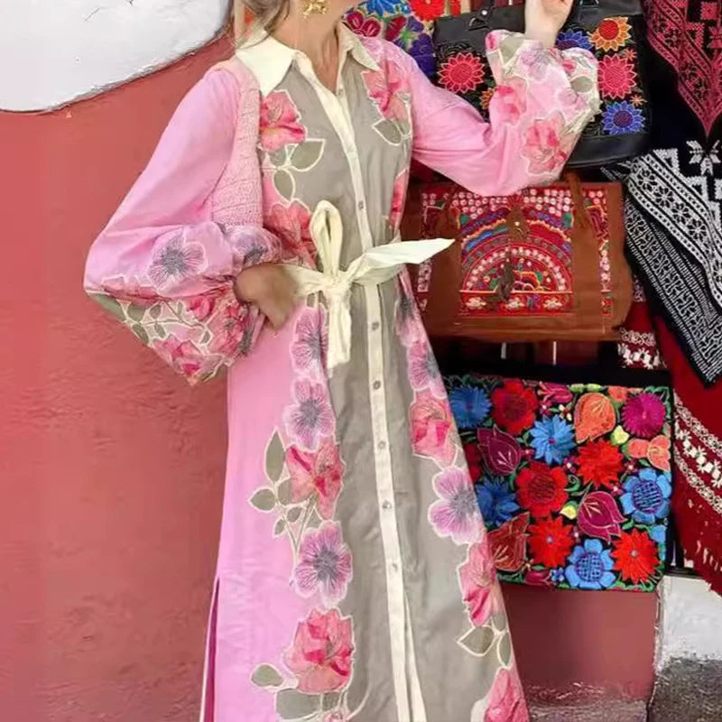 2025 Spring Elegant Robe Dresses Cotton Linen Flower Print Belt Dress Women Loose Lantern Sleeve Single Breasted Split Dresses