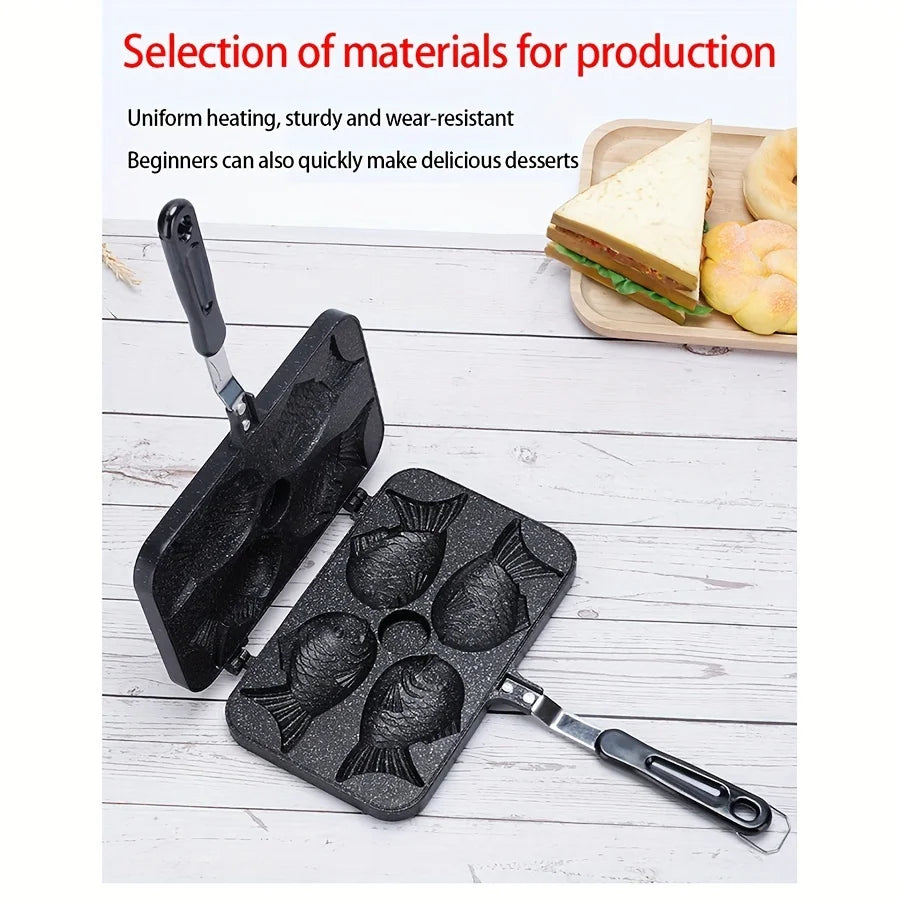 Taiyaki Fish Shape Waffle Maker Aluminum Alloy Double-Sided Uncoated 6-Cavity Mold Pan for Snacks Cakes Non-Stick Surface