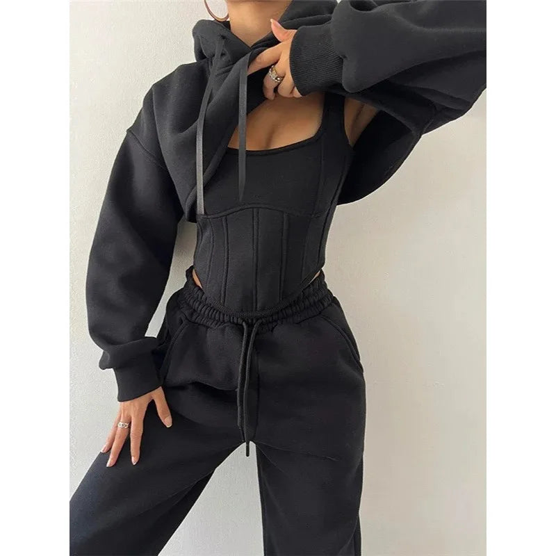 Y2K Sexy Sportswear Women's 3 Piece Set Long Sleeved Hooded Cardigan+slim Fit Strapless Vest+straight Leg Wide Pants