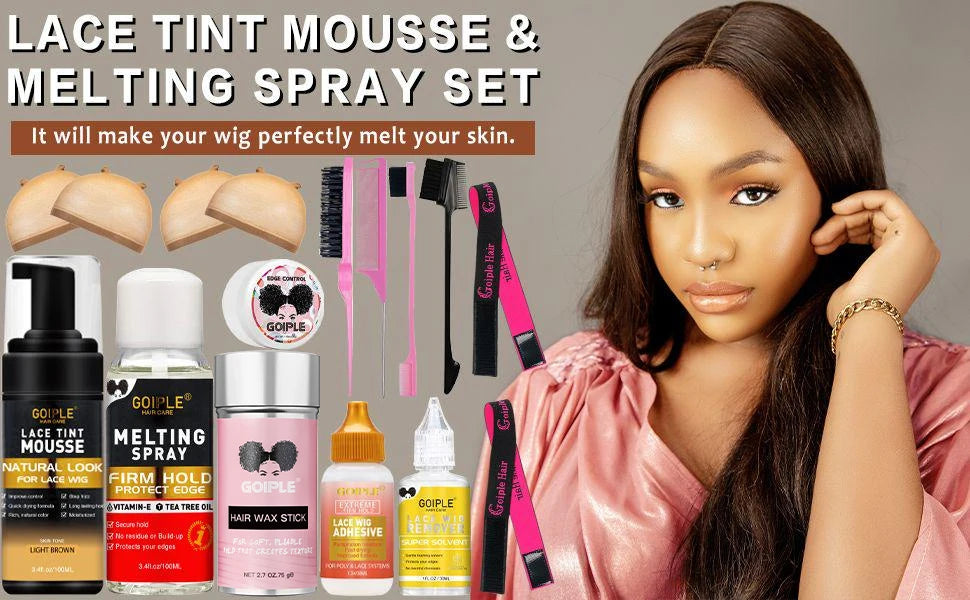 GOIPLE Wig Installation Kit Set with Lace Tint Mousse Melting Spray Wig Glue Remover Wax Stick Edge Control & Tools Wig Kit for Beginners & Daily Wear