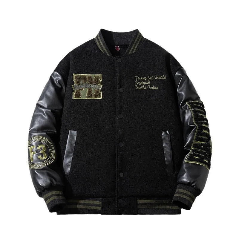 Vintage Letter Embroidered Baseball Jacket Cotton Coat Men's Winter Leather Sleeve Patchwork Woolen Thicken Overcoat