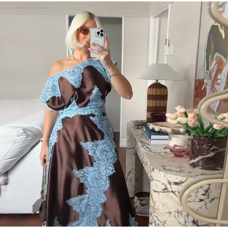 Elegant Lace Patchwork Long Women's Dress Urban Skew-collar Short Sleeve Empire Female Dresses 2026 Summer Vacation Lady Robe