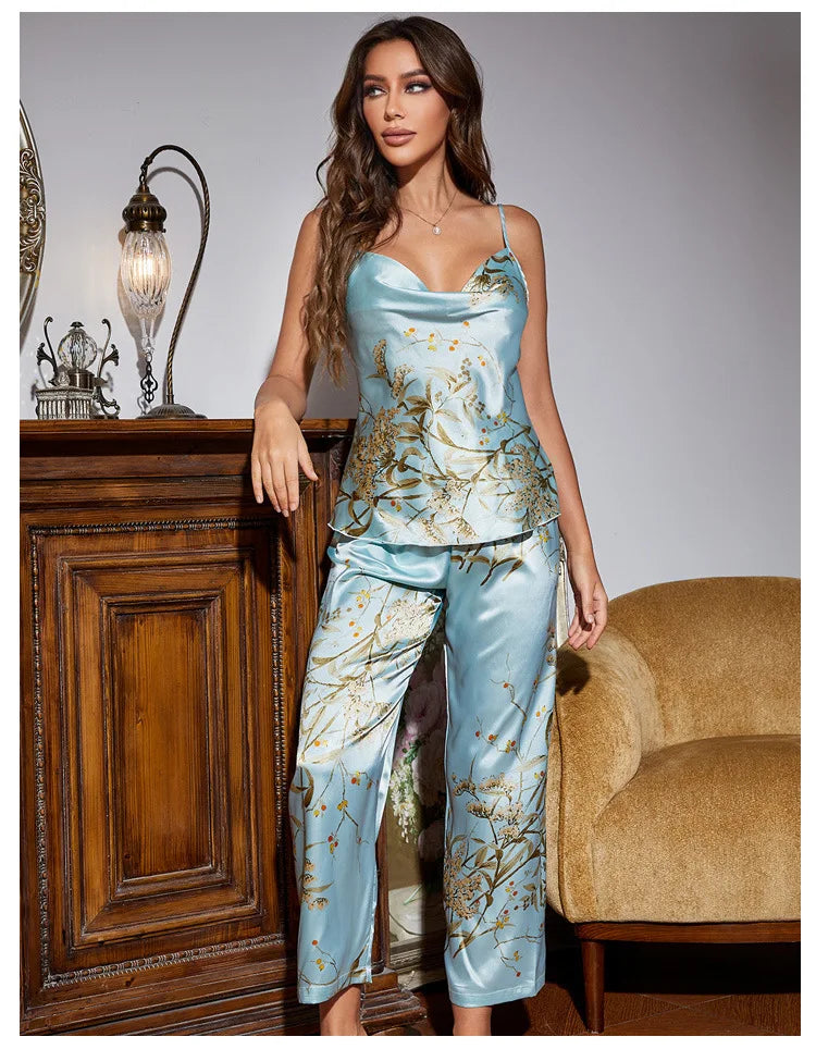 Women 4PCS Pajamas Kimono Bathrobe Nightgown Print Cherry Flower Trouser Suit Sleepwear Loose Satin Home Wear Pyjama Pour Femme