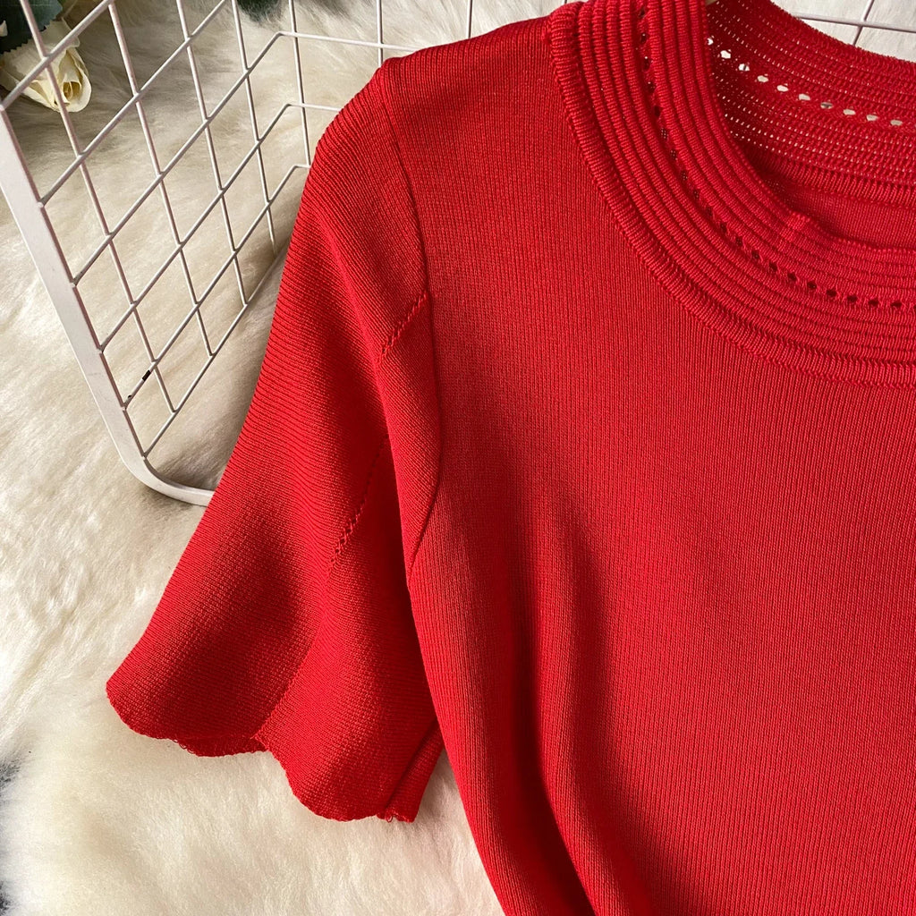 Red Senior Solid Knitting Dress Ladies O-Neck Short Sleeve Hollow Out Design Elastic Knitted Fashion Basic A-Line Dress