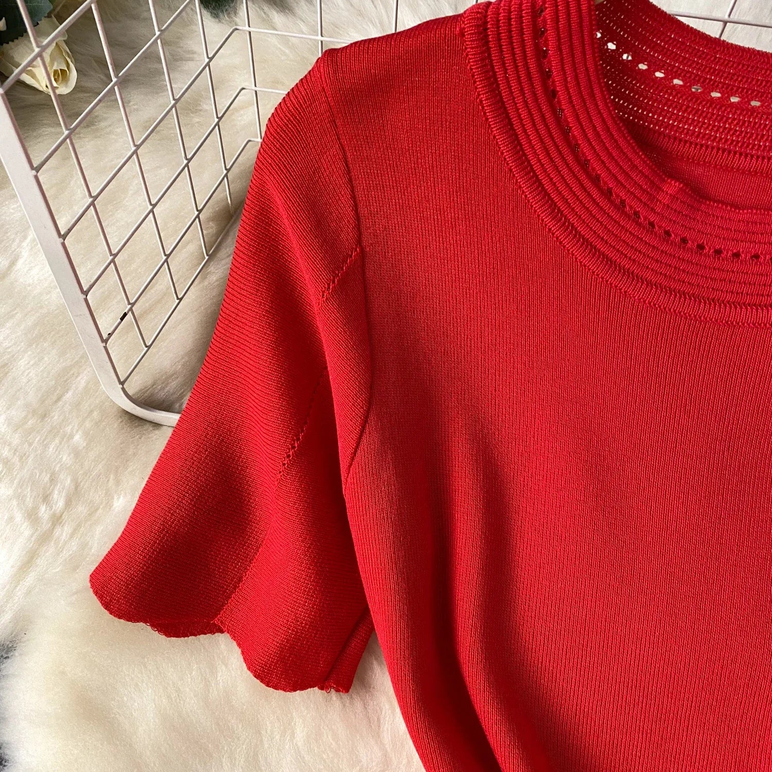 Red Senior Solid Knitting Dress Ladies O-Neck Short Sleeve Hollow Out Design Elastic Knitted Fashion Basic A-Line Dress