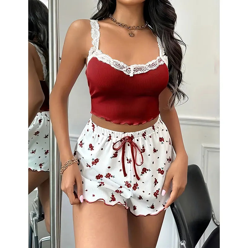 2026 Women Sexy Lace Vest Shorts Pajamas Women's Slim Fit Two-piece Home Outfit Summer Low Rise Casual Print Short Pants Top Set