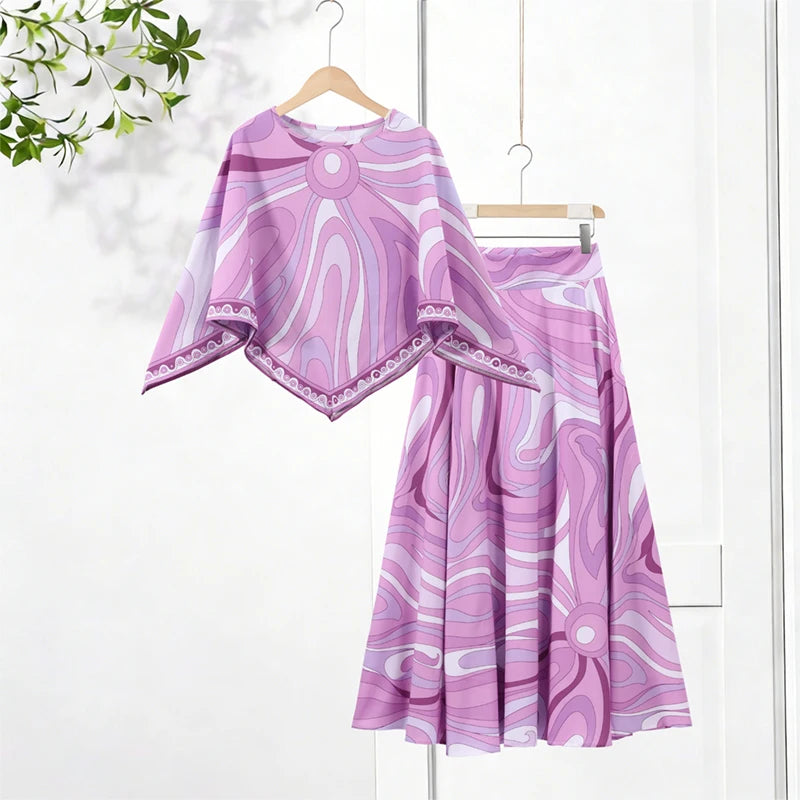 Bohemian Printed Shirt Skirt Suits Women Vintage Irregular Long Sleeve Top Female Sets High Waisted Long Skirt Ladies Outfits
