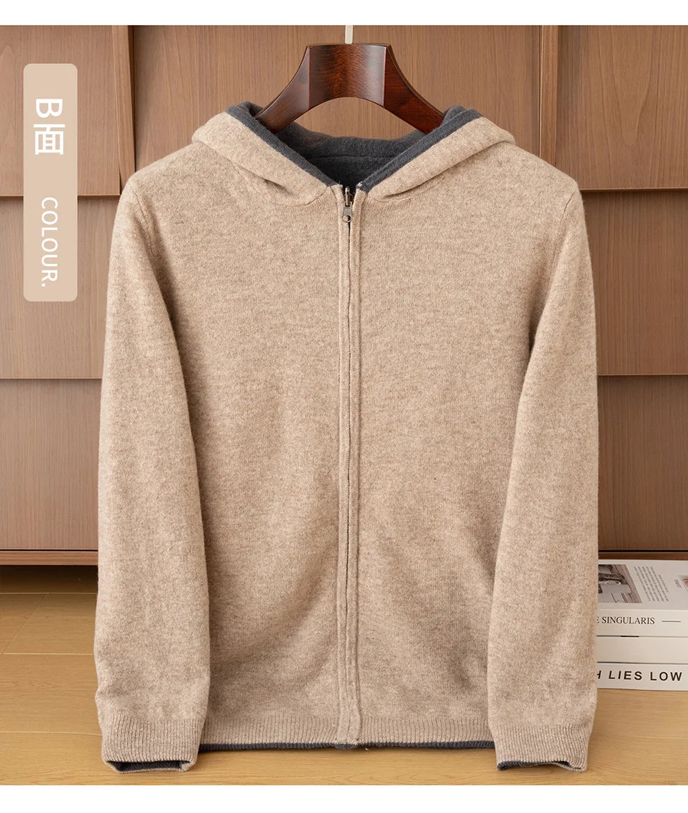 Double-Sided Cashmere Hooded Cardigan For Men Autumn And Winter Wearing Sweater Thickened Pure Wool Knitted Loose Zipper Coat