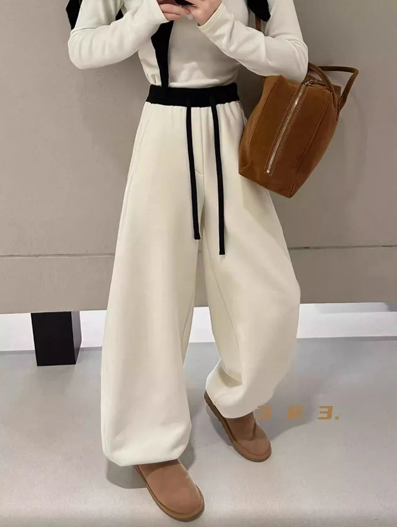 Women Drawstring Baggy Sweatpants High Waist Loose Wide Leg Curved Trousers Casual Soft Streetwear Jogger Pants for Daily Wear