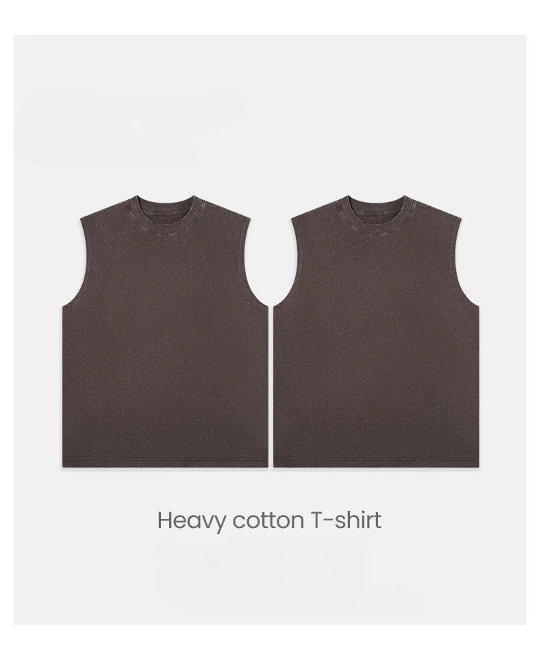 230g Pure Cotton European and American High Street Retro Washed Distressed Sleeveless Vest Men's Casual Loose Shoulder T-shirt