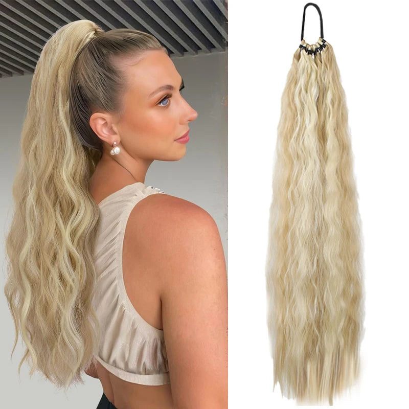 Synthetic Long Curly Hair Ponytail 24inch Wavy Ponytail Extensions with Elastic Hair Tie Women Hairpiece for Daily Party Wear
