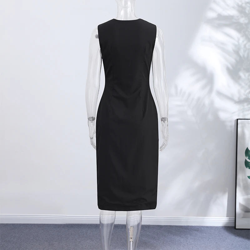 Camisole Women's Dress U Neck Zipper Dress Fitted Waist Split Long Dress Elegant Stylish Wear Date Party Outfit