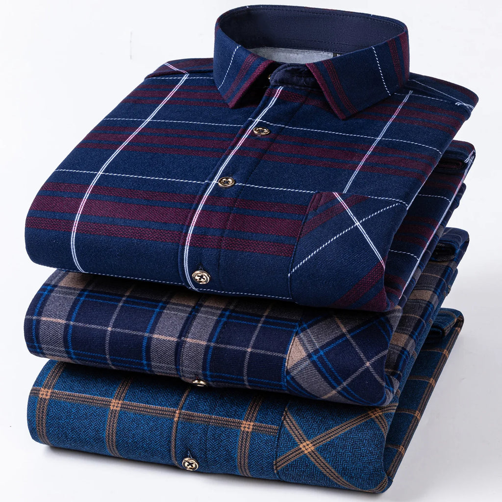 Autumn Winter New Fleece Plaid Shirt For Men Business Thickened Warm Double-sided Fleece Casual Non-ironing Fashion Check Shirts
