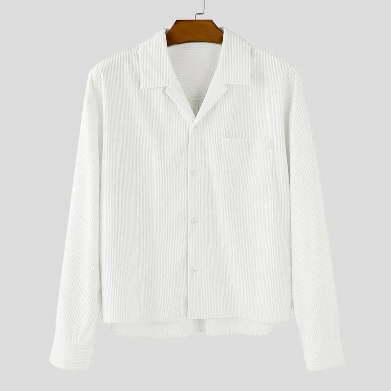 Autumn Men Corduroy Cropped Shirts Long Sleeve Solid Color Suit Collar Casual Blouse American Retro Premium Loose Cardigan Tops