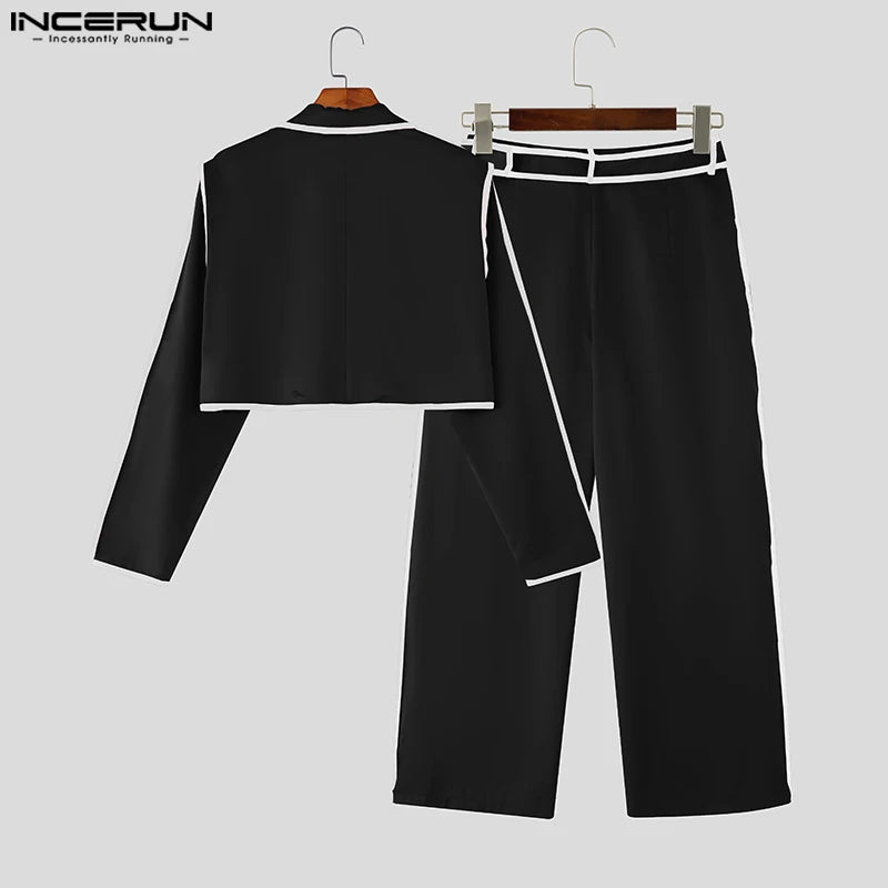 INCERUN Men Sets Patchwork Autumn 2025 Lapel Long Sleeve Crop Blazer & Pants Two Pieces Sets Streetwear Loose Fashion Men Suits
