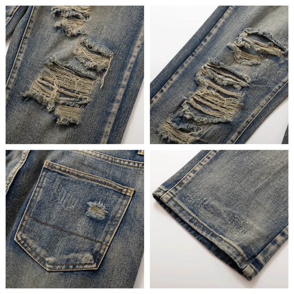Men's Vintage Washed Distressed Ripped Tapered Jeans Slim Fit Straight Leg Destroyed Denim Pants Streetwear Y2k Jean Trousers