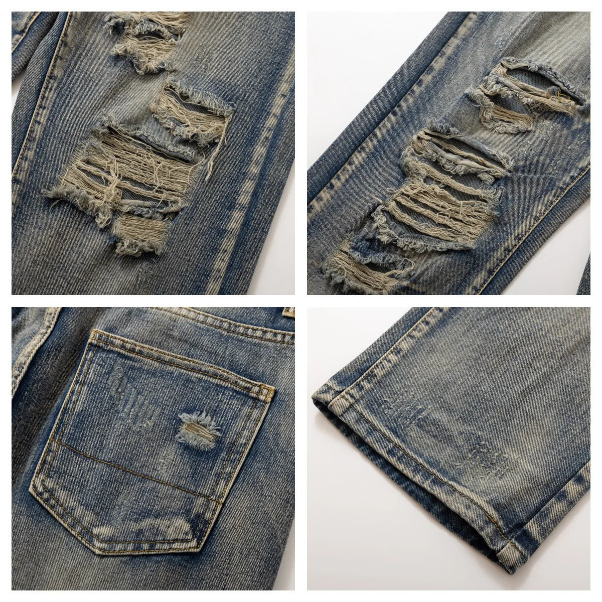 Men's Vintage Washed Distressed Ripped Tapered Jeans Slim Fit Straight Leg Destroyed Denim Pants Streetwear Y2k Jean Trousers