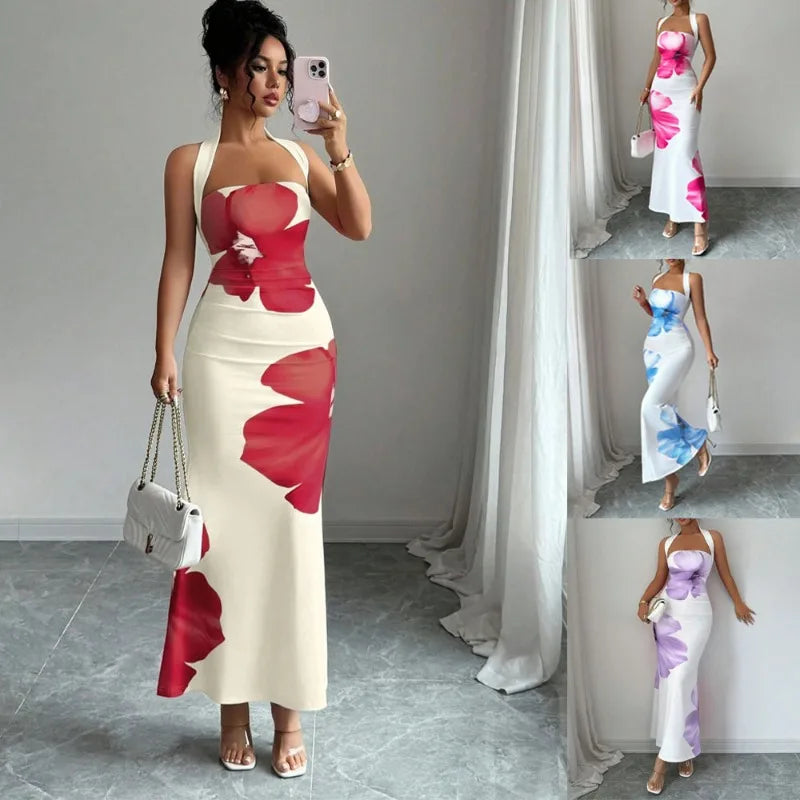 Women's 2026 New Popular Neck Halter Long Dress Hip-wrapped Printed Dress White Dress Birthday Dress for Women Summer Dress