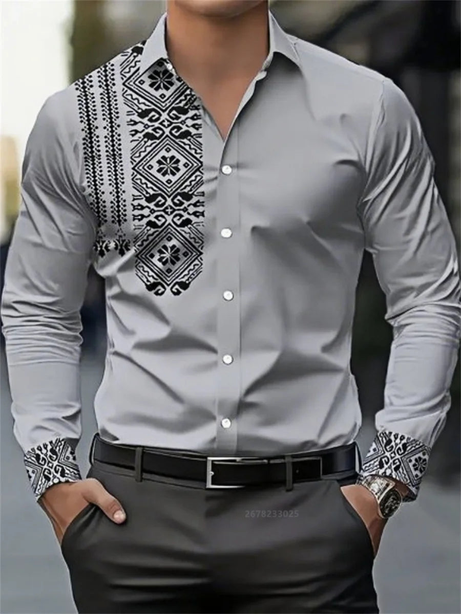 Men's shirt 3D printing retro ethnic style long-sleeved casual shirt high quality fashion lapel versatile top xs-6XL size