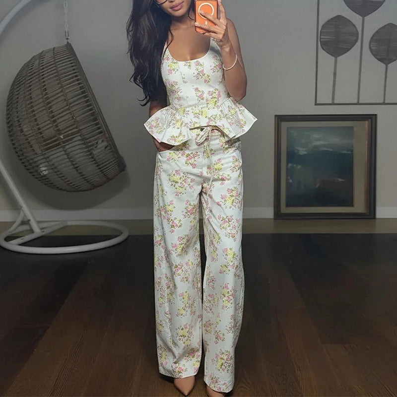 New Floral Print Two Piece Set for Women Sexy Square Collar Ruffle Sling Top And Long Pants Outfit Summer Sleeveless Hollow Suit