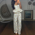 New Floral Print Two Piece Set for Women Sexy Square Collar Ruffle Sling Top And Long Pants Outfit Summer Sleeveless Hollow Suit