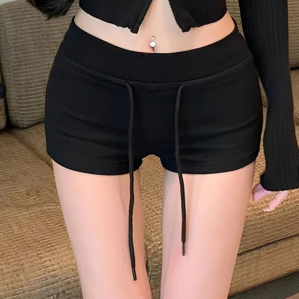 Casual Drawstring Women Sports Shorts Low-rise Black/Grey Casual Pants Slim Fitting Sweat Shorts Summer