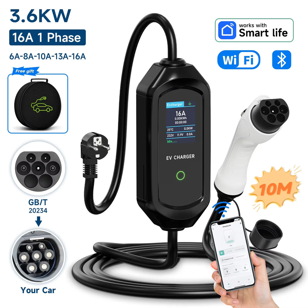 AFYEEV 3600W Portable Type1 SAE J1772 EV Charger GBT Electric Car Charger EVSE Charging Cable EU Plug WiFi Bluetooth APP Control