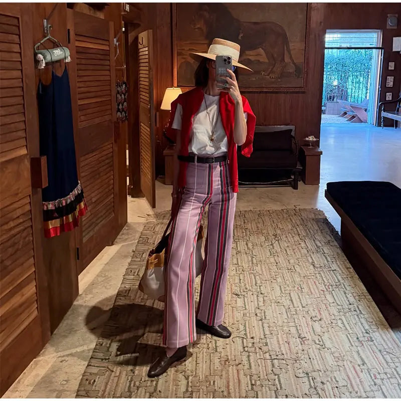Striped Zipper High-Waisted Trousers Slim Fit Flare Leg Double Pocket 2026 Summer Casual Women Bottom Fashion Chic Lady Pants
