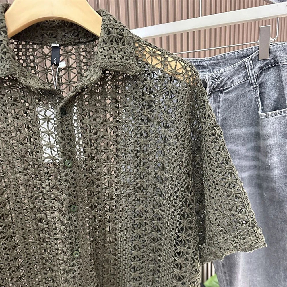 Men's Knitted Hollow Short-Sleeved Shirt American Retro Fashion Trend Simple Loose Breathable Vacation Summer New Men's Tops