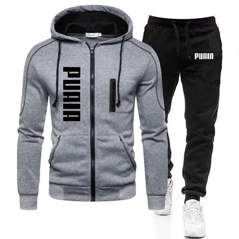 New autumn and winter thickened men's zipper jacket + pants two-piece set, fashionable outdoor jogging men's casual sportswear