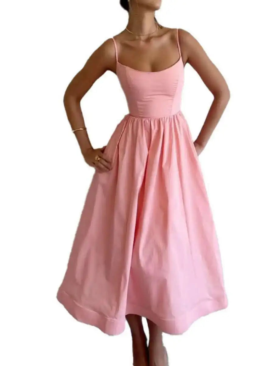 Summer Fashion Casual Sexy Big Skirt Pure Color Strapless Dress Women's mid Waist A-Line Skirt Polyester Fabric No Sleeve