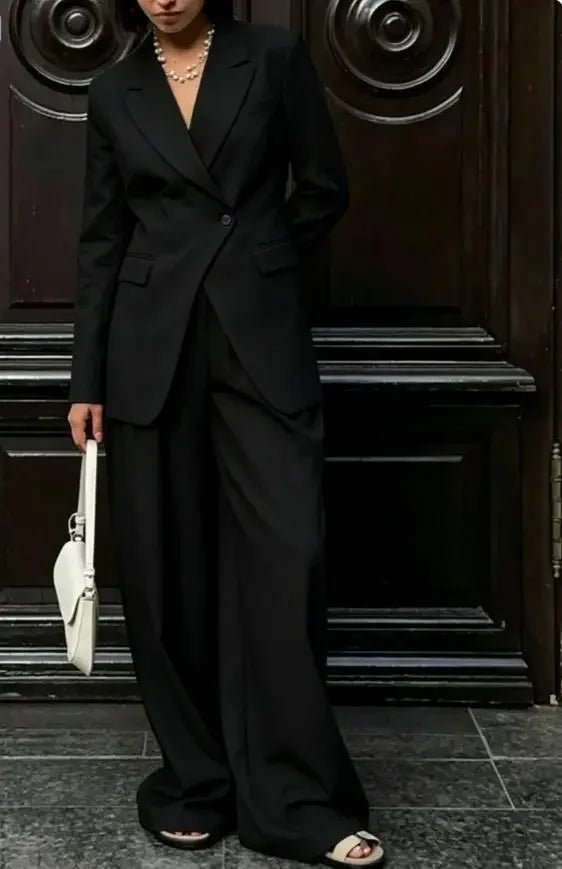 Women Beige Linen Lapel Blazer Wide Leg Pants Suit Notched Collar Straight Cuff Outfit 2026 Office Commute Elegant Street Sets
