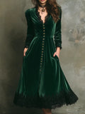 Elegant Women Velvet Dress Lace Splicing A-Line V Neck Single Breasted High Waist Pocket Retro Casual Evening Party Dress 2025